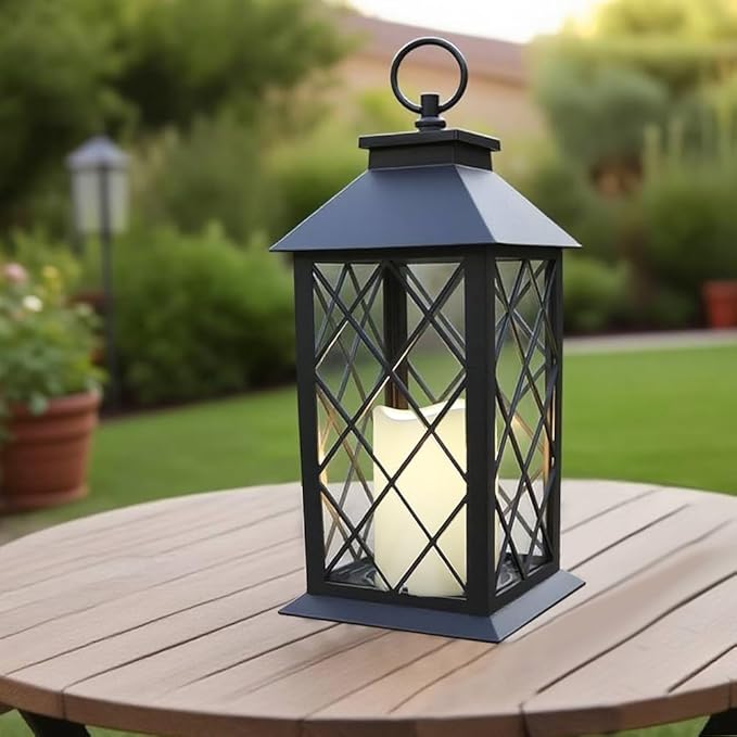 Bright Zeal 13.5" Black Vintage Candle Lantern with LED Pillar Candle and Timer - IP44 Waterproof Outdoor Decorative Hanging Lantern Porch Light