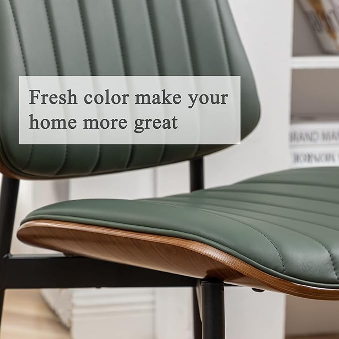 LUNLING Dining Chairs Set of 4 Mid Century Modern Retro Faux Leather Chair with Walnut Bentwood Upholstered Seat Metal Legs Chairs,Adjustable Foot for Kitchen Dining Room Chairs(Green)