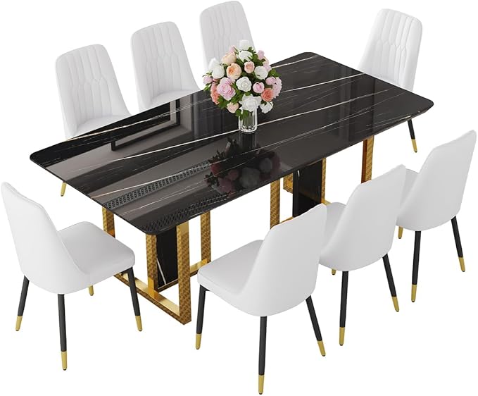 TesNus 79" Black Dining Table Set for 8 with Chairs,Large Faux Marble Kitchen Table and Chairs Set Rectangular 9 Piece Dining Room Set with Gold Metal Legs,Easy Assemble,Stable Base