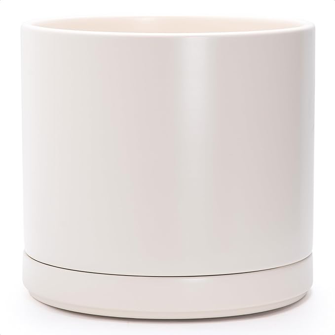 D'vine Dev 14 Inch Ceramic Planter Pot with Drainage Hole and Saucer, Indoor Cylinder Round Planter Pot, Oatmeal, 94-O-G-8
