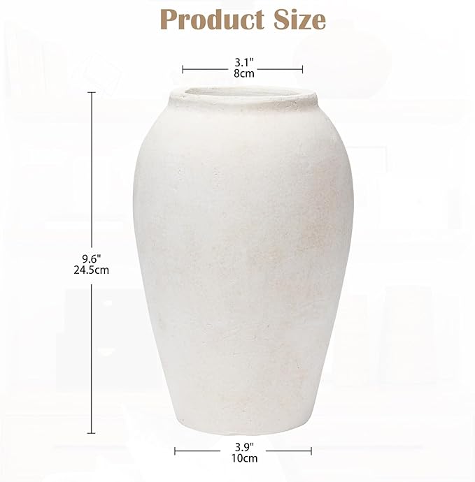 Handcrafted Terracotta Flower Vase, 9.6" Tall, Vintage White Ceramic, Rustic Antique Decor, Wide Mouth, Matte Finish for Home Office Resto Cafe