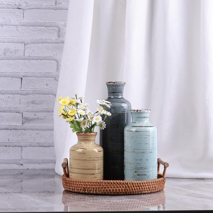 Ceramic Vase Set of 3 – Small Flower Vases, Modern Farmhouse Boho Flower Vases for Home Decor, Rustic Pottery Vases for Centerpieces, Living Room, Shelf, Fireplace, Entryway Decor, Table or Cabinet