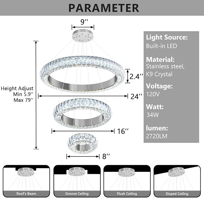 23.6" 3 Ring Crystal Chandelier Modern LED Dimmable Ring Pendant Light Round Chandelier for Dining Room Living Room Silver