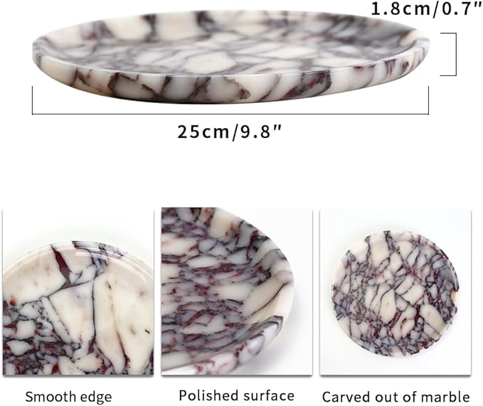 Natural Marble Tray, Coffee Table, Food, Fruit, Paper Cup, Cake Display, Coffee bar, Family Gatherings, Seasonal Holiday Decoration Tray(Viola-Circular-9.8"x9.8"x0.7")