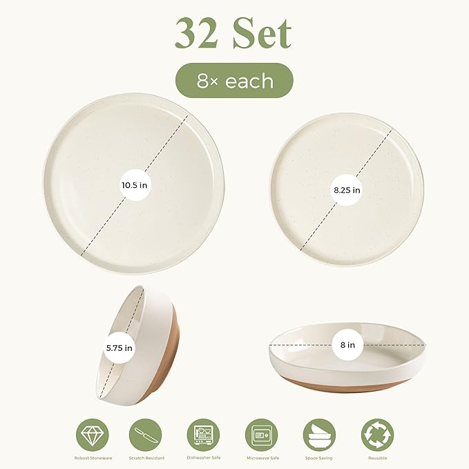 AmorArc 32 Pieces Ceramic Dinnerware Sets for 8, Handpainted Plates and Bowls Set with Rustic Terracotta Underside, Scratch Resistant Stoneware Dishes Set, Dishwasher & Microwave Safe, Light Beige