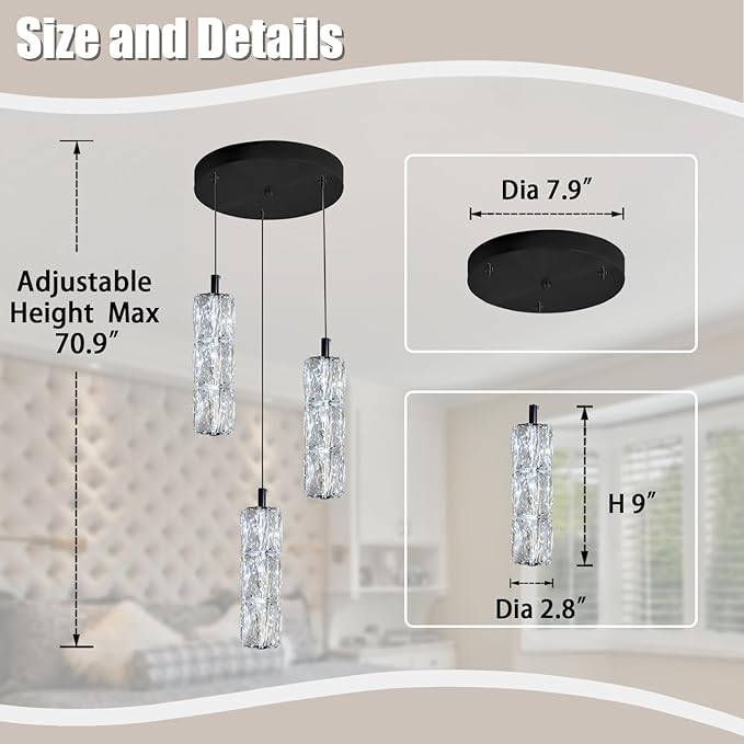 Pendant Lights Kitchen Island 3-Lights Pendant Chandelier for Dining Room Hallway Stairwell,LED Dimmable 2700K-6000K