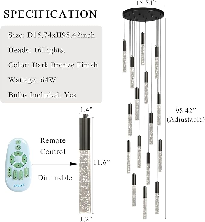 Modern Black Chandelier, Round Crystal Dimmable Hanging Lamp in Dark Bronze, Large Raindrop Pendant Lights for Dining Room Living Room Staircase Farmhouse