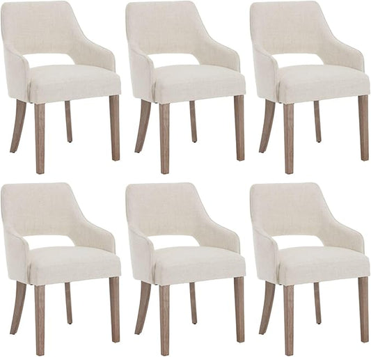 Linen Dining Chairs Set of 6, Upholstered Farmhouse Kitchen Chair Accent Chairs Side Chair with Wood Legs for Living Room/Dining Room/Bedroom/Restaurant, Upgraded Size, Cream