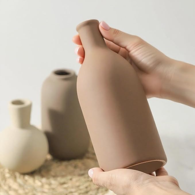 Ceramic Vase Set of 3, Vases Home Decor, Neutral Rustic Modern Farmhouse Decor, Pottery Vases for Pampas Grass Dried Fresh Flowers, Living Room Kitchen Bedroom Bathroom Entryway Mantel Shelf (Brown)