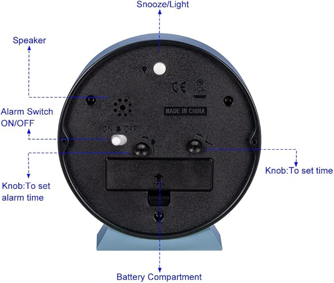 4.5" Battery Operated Analog Alarm Clock, Small Silent Bedside Desk Clock with Night Light, Blue