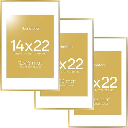 Homeforia 14x22 Picture Frame Gold, High End Metal 14x22 Poster Frames with Mat 12x16 Photo, 14 x 22 Gold Frames Matted to 12 by 16 Print, 22x14 Thin Hanging Frames, Tempered Glass, Wall Kit, Set of 3