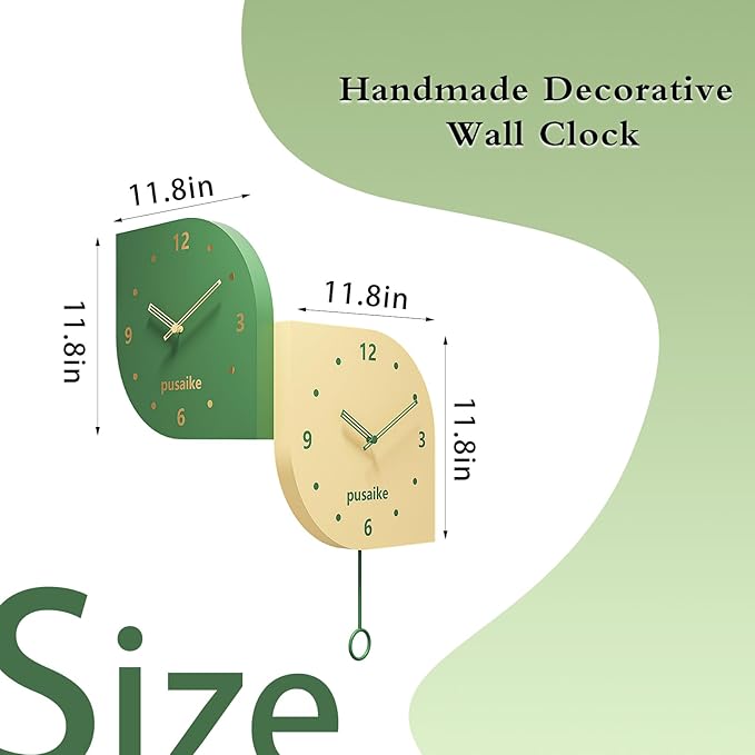 Wall Clock 11.8 Inch Double Sided - Modern Battery Operated Wall Clock with Pendulum, Unique Angle Corner Mounted Small Clock for Bedroom Living Room Office, Green Decorative Clock