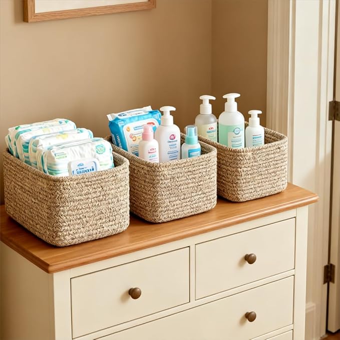 Small Cotton Rope Basket – Storage Bin for Organizing (10.6" x 6.7" x 6.7"), Bathroom Storage Basket for Shelf, Counter & Closet（Beige）