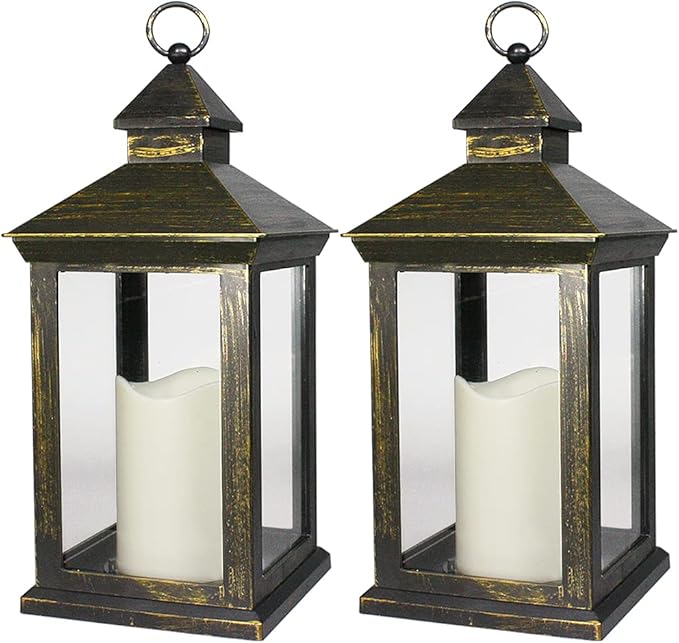 Bright Zeal 2-PACK 14 Inch Vintage Decorative Candle Lanterns With Timer - IP44 Waterproof Distressed Gold Decorative Outdoor Lanterns Battery Powered - Hanging Decorative Lanterns For Wedding Indoors