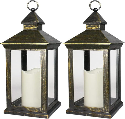 Bright Zeal 2-PACK 14 Inch Vintage Decorative Candle Lanterns With Timer - IP44 Waterproof Distressed Gold Decorative Outdoor Lanterns Battery Powered - Hanging Decorative Lanterns For Wedding Indoors