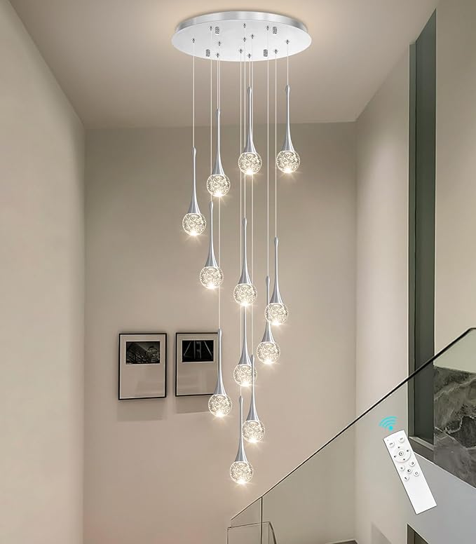 118 inches Modern Glam Crystal Chandelier for High Ceiling LED Dimmable Ceiling Pendant Light Staircase Foyer Enterway Living Room Chandelier Lighting Brushed Nickel 12 Lights