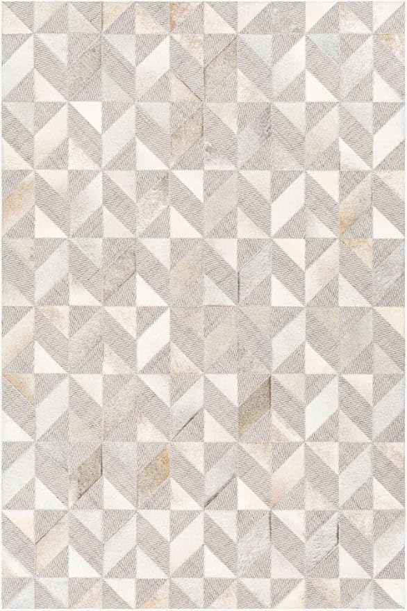 Geometric Pattern Area Rug, Leather and Wool Blend Carpet, Beige and White (Natural Multi-116, 6x9)