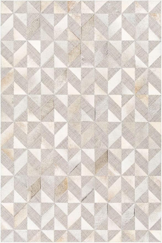 Geometric Pattern Area Rug, Leather and Wool Blend Carpet, Beige and White (Natural Multi-116, 3x12)