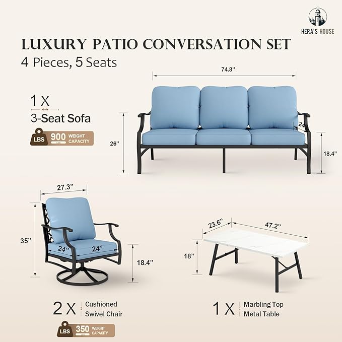 HERA'S HOUSE 4 Piece Patio Furniture Set, 2 x Swivel Cushioned Chair, 3-Seat Sofa with Marbling Coffee Table, All Weather Outdoor Conversation Set for Lawn Garden Backyard, Blue