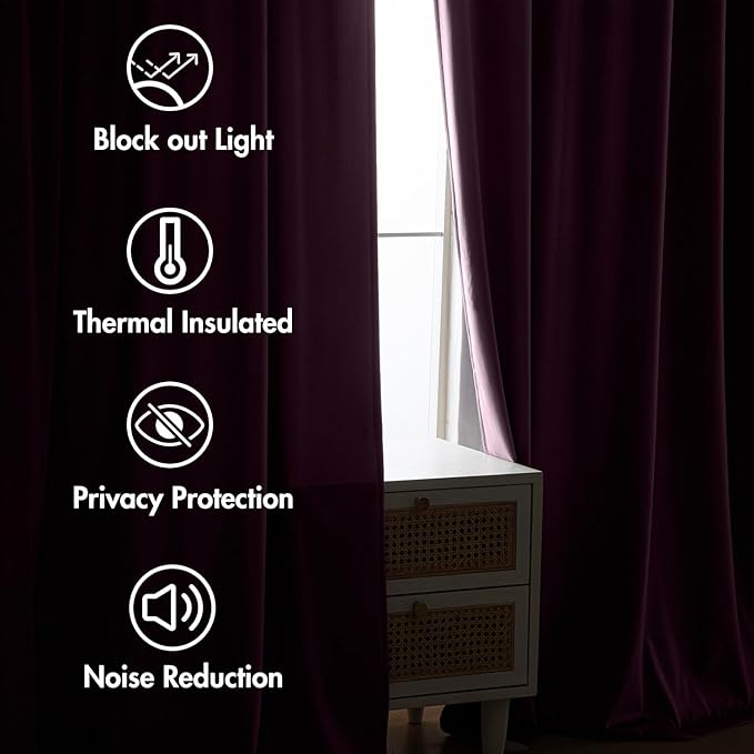 MIULEE Dark Purple Velvet Curtains 90 inches 2 Panels - Luxury Room Darkening Window Drapes for Bedroom Living Room Thermal Insulated Super Soft Blackout, Back Tab Rod Pocket Pinch Pleated, W52 x L90