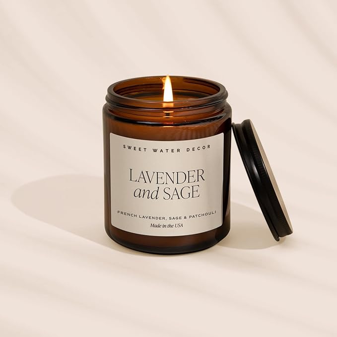 Sweet Water Decor Lavender and Sage Soy Candle - French Lavender, Sage, Patchouli Scented Spring Candles for Home - 9oz Amber Jar + Black Lid, 40+ Hour Burn Time, Made in The USA