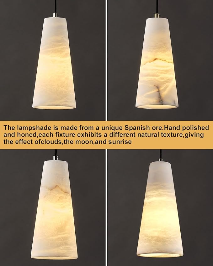 Natural Alabaster Pendant Lights Kitchen Island, H-10in White Pendant Light Fixtures, Light Pendant Marble Conical Shade Black, for Bedroom Bathroom Dining Room Living Room (Dimmable Bulbs INCL)