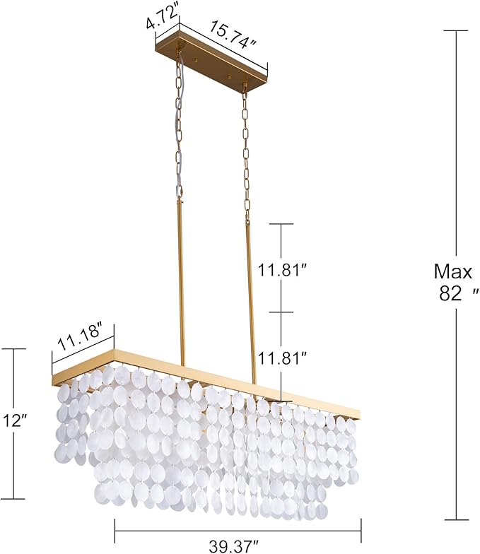 TOCHIC Rectangular Capiz Shell Chandelier, Coastal Beach Lighting 6 Lights, Modern Gold Chandelier Shell Pendant Light for Kitchen Island, Dining Rooms, 2 Tier, 39.3in L