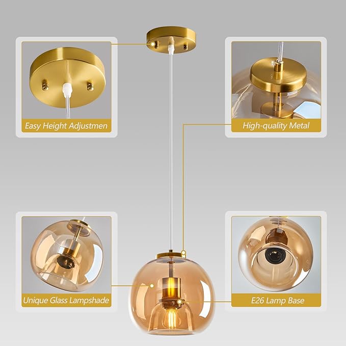 Amber Glass Pendant Lights Kitchen Island Gold Hanging Light Fixture Glass Globe Pendant Light Modern Pendant Lighting for Kitchen Island Bedroom Dining Room (7.87", 3 Pack)