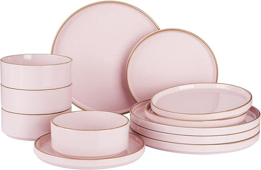 Famiware Nebula Plates and Bowls Sets for 4, 12 Pieces Stoneware Dinnerware Set, Microwave and Dishwasher Safe Dishes Set, Light Pink with Brown Rim