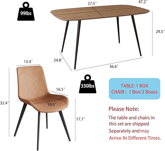 47.2'' Dining Table Set for 4,Modern Wood Dining Table,Leather Dining Chairs 4,Table and Chairs Set of 4,Ideal for Kitchen Dining Room (Walnut Color Table + 4 Brown Chairs, 47.2")