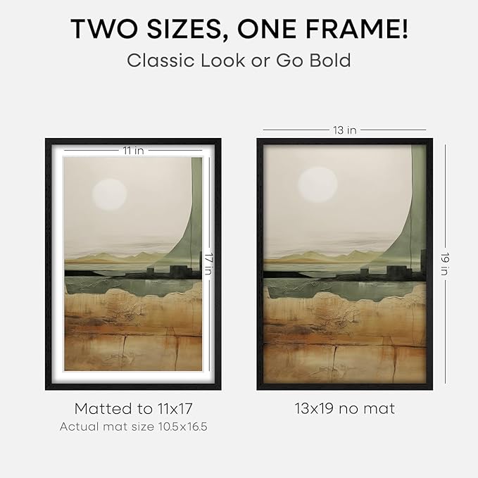 Homeforia 13x19 Picture Frame Black Wood, High End Oak 13x19 Frames with Mat 11x17 Photo, 13 x 19 Wooden Poster Frame Matted to 11 by 17 Print, 19x13 Hanging Frames, Tempered Glass, Wall Kit, Set of 1