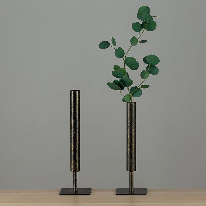Sziqiqi Black Metal Vase Set - 15.5/13.8in Tall/Short Rectangular Vases, 2 Pcs Modern Home Decor for Living Room, Bedroom