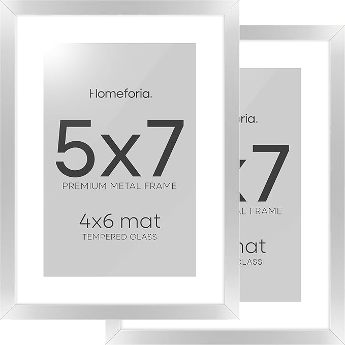 Homeforia 5x7 Picture Frame Silver, High End Metal 5 x 7 Silver Frames with Mat 4 x 6 Print, 5by7 Desk Frame Matted to 4x6 inch Photo, 5 by 7 Wall or Tabletop Frame, Tempered Glass, Wall Kit, Set of 2
