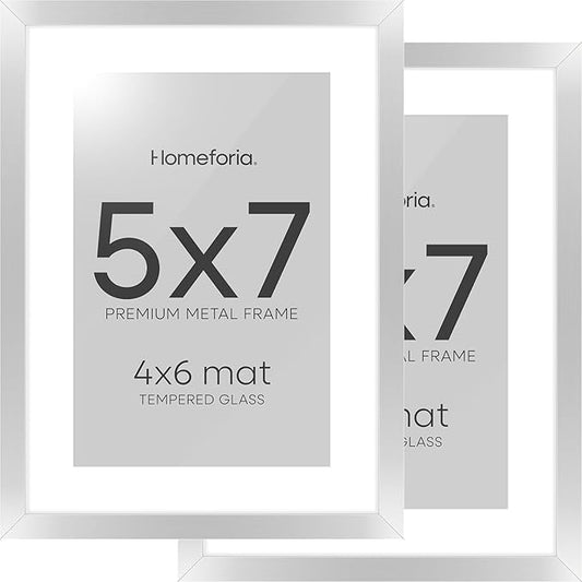 Homeforia 5x7 Picture Frame Silver, High End Metal 5 x 7 Silver Frames with Mat 4 x 6 Print, 5by7 Desk Frame Matted to 4x6 inch Photo, 5 by 7 Wall or Tabletop Frame, Tempered Glass, Wall Kit, Set of 2