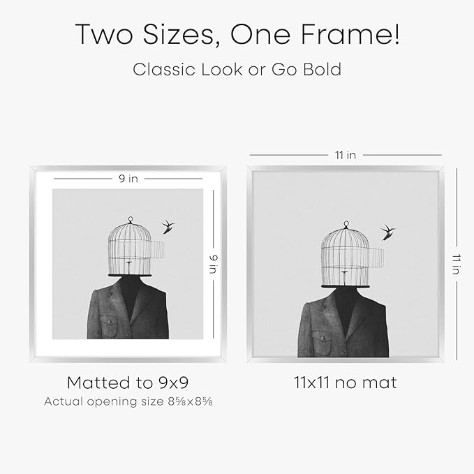 Homeforia 11x11 Picture Frame Silver, High End Metal 11 by 11 Square Frames with Mat 9 x 9 Photo, 11x11 Thin Poster Frame Matted to 9x9 inch Art, Wall Hanging Frame, Tempered Glass, Wall Kit, Set of 2