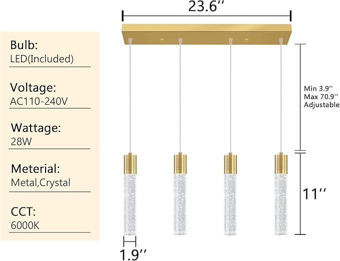 4-Lights Modern Crystal Chandeliers for Kitchen Island Mini Pendants Lighting Fixture LED Ceiling Light for Dining Room Living Room 6000K