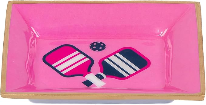 Jayes Studio Pink Pickleball Landry Tray — Handpainted Metal Vanity Tray with Gold Trim Edge, Funny Pickleball Gifts, Small Gold Tray for Bathroom, Dresser, Jewelry Dish, Decorative Trinket Catchall