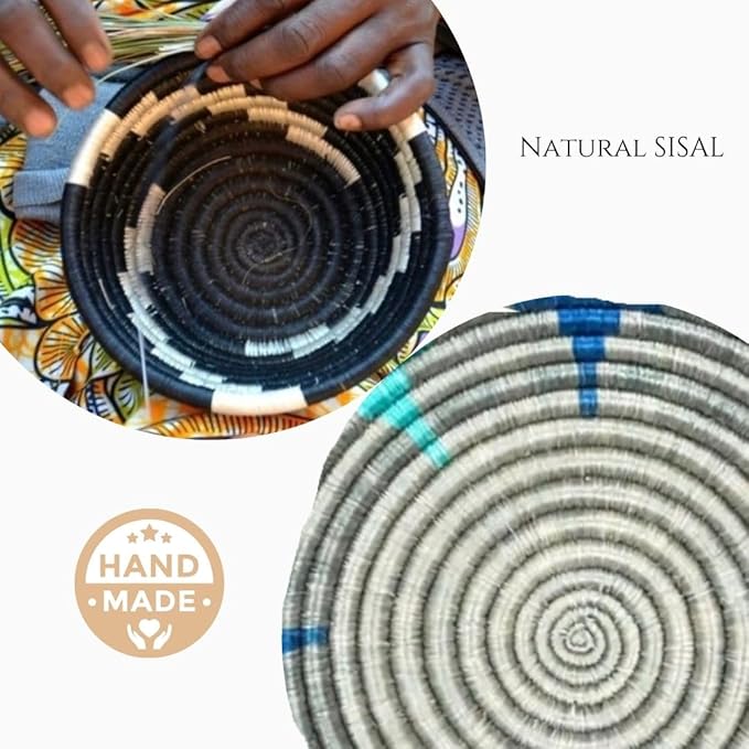 Handwoven African Basket Handmade sisal Fruit Bowl Wall Hanging decorative Baskets for Home Living Room Kitchen Centerpiece Zen Designs Arts and Crafts (Black White, 12in diameter)
