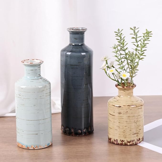 Blue and Beige Ceramic Vase Set of 3 – Rustic Distressed Glaze Pottery Vases, Small Vintage Flower Vases for Home Decor, Farmhouse, Modern Rustic, Shelf, Mantle, Table Centerpiece Decorations