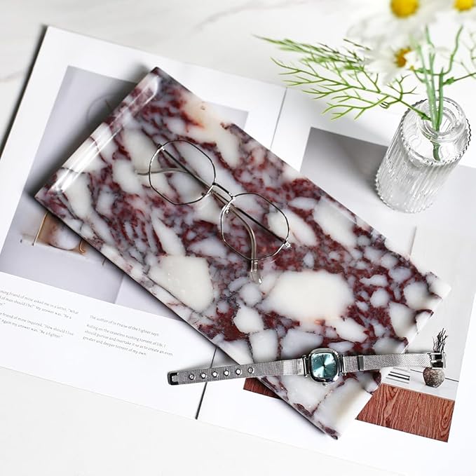 Natural Marble Tray, Coffee Table, Food, Fruit, Paper Cup, Cake Display, Coffee bar, Family Gatherings, Seasonal Holiday Decoration Tray(Viola-rectangle-11 x5 x0.7)