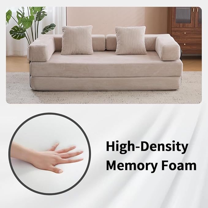 Convertible Folding Mattress Couch, Floor Sofa Bed with Fixed-Shape Frame, Corduroy Floor Sofa with Armrest, Floor Sofa Lounge Couch for Living Room Bedroom Lounge Studio-Clay Beige