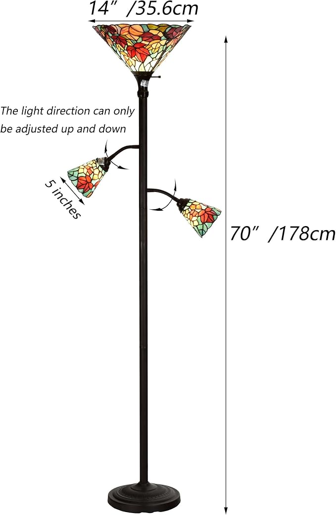 Bieye L10884 Maple Tree Leaves Tiffany Style Stained Glass Torchiere Floor Lamp with Sidelights for Reading Home Decor, 70-inches Tall (Maple Leaf, Red)