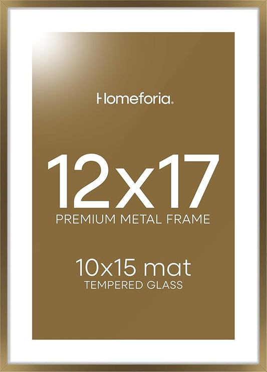 Homeforia 12x17 Picture Frame Bronze, High End Metal 12x17 Brass Poster Frames with Mat 10x15 Photo, 12 x 17 Frame Matted to 10 by 15 inch Print, 17by12 Thin Frames, Tempered Glass, Wall Kit, Set of 1