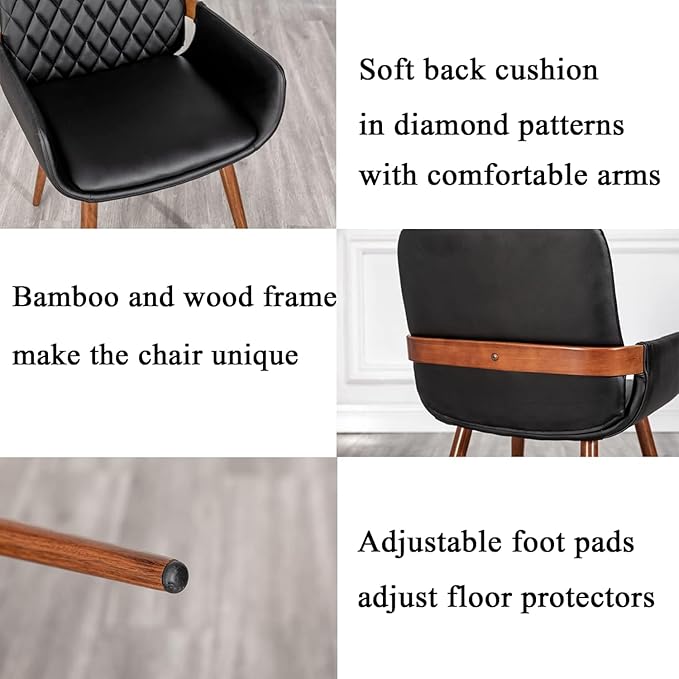 LUNLING Mid Century Modern Faux Leather Dining Chairs Set of 4,Black,Upholstered Seat,Metal Legs,Adjustable Foot for Kitchen Dining Room Desk Chairs