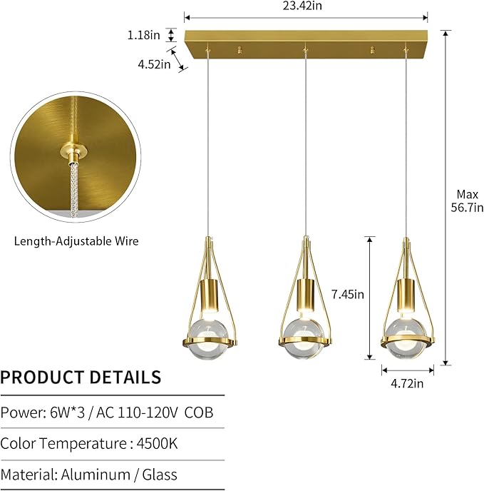 Gold Dandelion Pendant Light in Brushed Brass Finish, 3 Light Modern Crystal Kitchen Island Pendant Lighting Dimmable LED Hanging Ceiling Light Fixture for Kitchen Island Bedroom