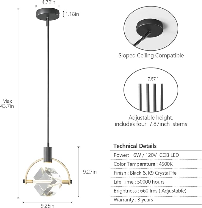 Pendant Ceiling Light Fixture for Kitchen Island, Dimmable Modern Integrated LED Hanging Light, Crystal Pendant Light in Black Gold Finish, Bedroom, Dining Room (1-Lights)
