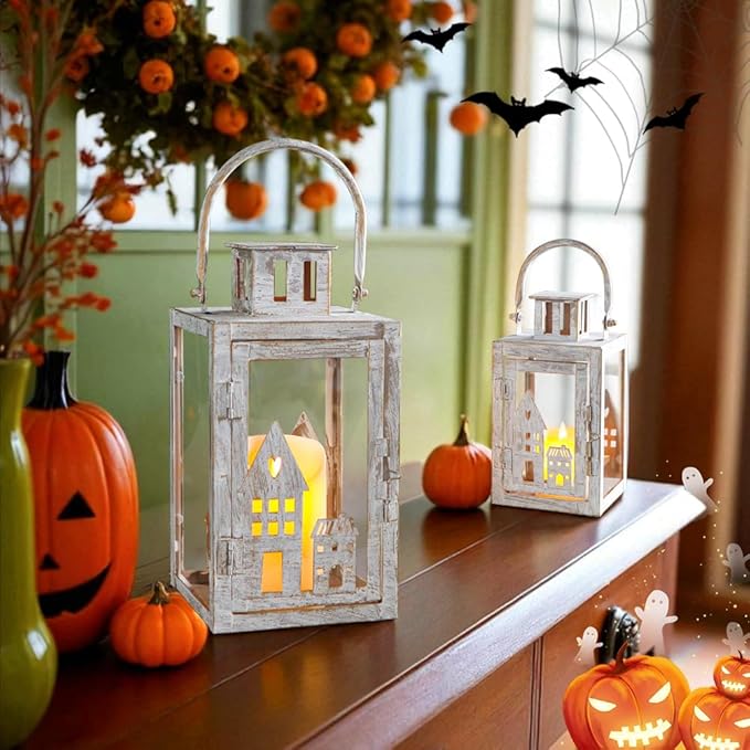 TRIROCKS Halloween Candle Lantern 6 &11" H Vintage Metal Candle Holders Set of 2 Outdoor Lanterns for Garden, Living Room, Indoor & Outdoor (Gray with Gold Brush)
