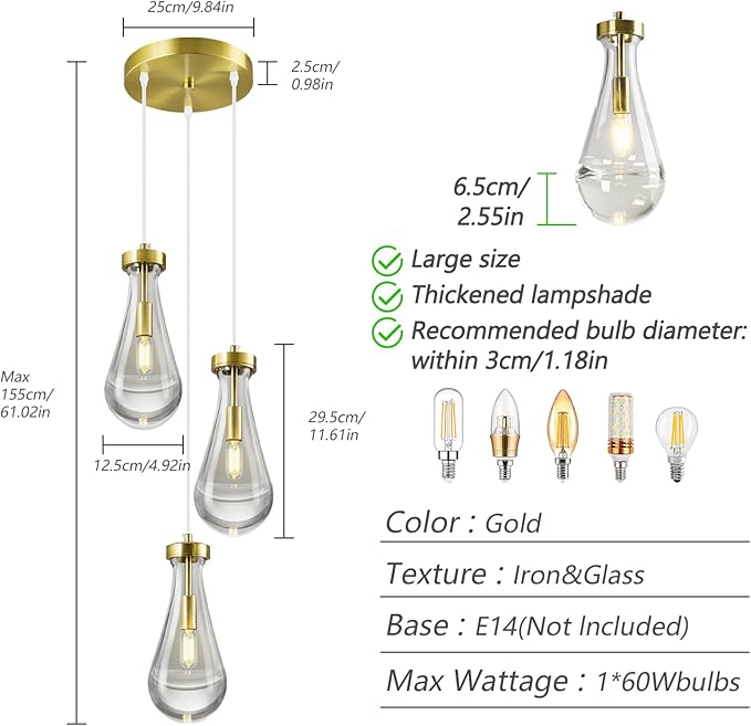 Raindrop Pendant Lights Kitchen Island Teardrop Gold Hanging Light Fixtures Clear Solid Glass Pendant Light Modern Chandeliers for Dining Room Porch Corridor Living Room(3-Light)