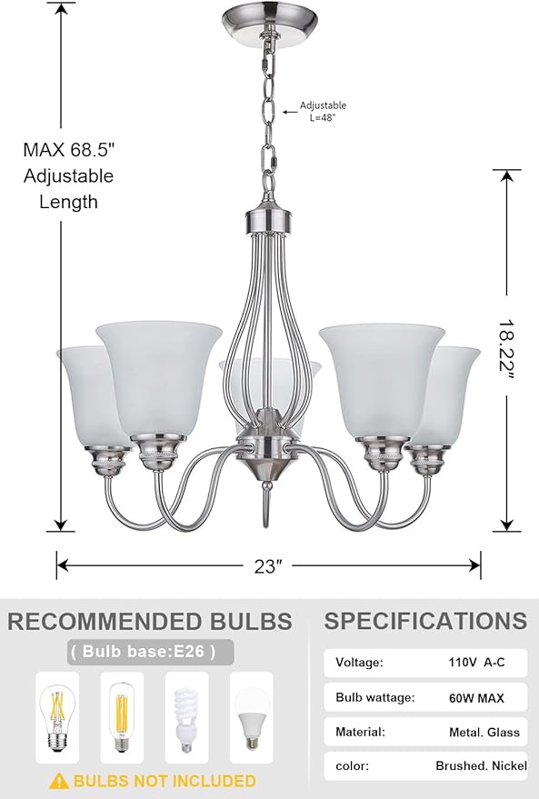 5 Light Chandelier with Brushed Nickel Finish, Classic Style Ceiling Light Fixture with Frosted Glass Shade for Meeting Room Dining Room Living Room Corridor, LED Bulb(not Include)