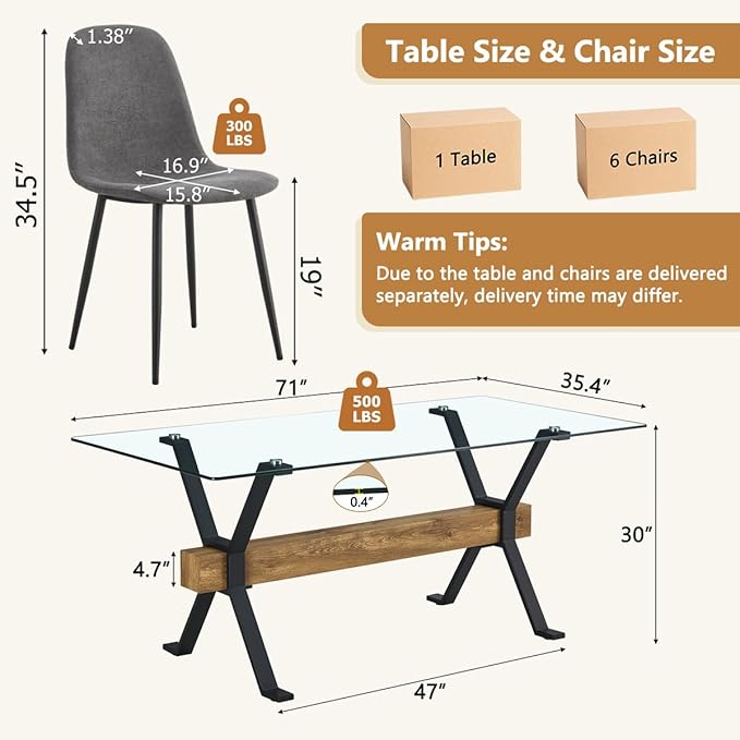 7 Piece Glass Dining Table Set, Kitchen Table Chairs Set for 6, 71'' Dining Table with 0.4" Tempered Glass Tabletop with Plated Metal Legs and MDF Crossbar, 6 Chairs for Dining Room, Kitchen.